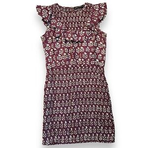 Antik Batik Jaymes Mini Dress Burgundy Block Print Smocked Ruffled Sleeve Small